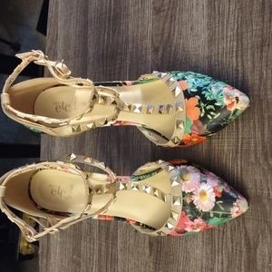 Floral Studded Heels with Buckle Ankle Straps, Size 7